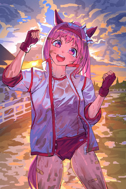 accessory asian_clothing athletic_wear band-aid band-aid_on_leg bandage bodily_fluids bottomwear breasts buruma clothed clothing cloud cloudy_sky dirty dirty_clothing ear_bow east_asian_clothing excessive_sweat female fingerless_gloves gloves gym_uniform hair handwear happy headband horse_tail jacket japanese_clothing long_hair looking_at_viewer mud open_clothing open_jacket open_mouth open_smile open_topwear outside pink_eyes pink_hair pink_tail ponytail red_clothing red_fingerless_gloves red_gloves red_handwear red_headband shirt sky smile smiling_at_viewer solo sunset sweat sweaty_body tail topwear track_jacket uniform white_clothing white_jacket white_shirt white_topwear blixadon cygames uma_musume_pretty_derby haru_urara_(pretty_derby) animal_humanoid equid equid_humanoid equine equine_humanoid horse_humanoid humanoid mammal mammal_humanoid 2:3 absurd_res digital_drawing_(artwork) digital_media_(artwork) hi_res