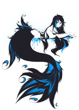 big_breasts blue_eyes breasts feathers female fish_tail hair monster_girl_(genre) pose simple_background solo split_form white_background likunea animal_humanoid aquatic aquatic_humanoid humanoid merfolk absurd_res hi_res monochrome