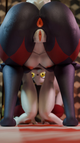 all_fours anthro anus areola big_butt black_body black_fur blurred_background breasts butt clitoral_hood clitoris female fur genitals hand_pawpads inside looking_at_viewer looking_through looking_through_legs looking_through_legs_at_viewer medium_breasts nipples open_mouth open_smile palmorph pawpads rear_view red_anus red_areola red_nipples red_pawpads red_vulva scut_tail short_tail smile smiling_at_viewer solo tail thick_thighs vulva white_body white_fur yellow_eyes mrs_dexie seriuswolf_(modeler) palworld pocketpair dupin_(pal) lagomorph mammal pal_(species) 2026 3d_(artwork) absurd_res digital_media_(artwork) hi_res