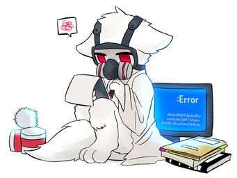anthro book can clothed clothing coat computer container daww electronics error_message fur gas_mask lab_coat male mask notebook red_eyes simple_background solo thought_bubble topwear white_background white_body white_fur fchicken changed_(video_game) dr._k_(changed) canid canine canis mammal 2018 4:3