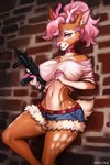 9mm anthro antlers badass_woman belt big_breasts bottomwear breasts brick_wall clothed clothing collar cutoffs denim denim_bottomwear denim_clothing eyebrows female fur gun hair holding_gun holding_object holding_ranged_weapon holding_submachine_gun holding_weapon horn iwi leaning_on_wall looking_at_viewer nipples ranged_weapon realistic_gun shorts smile solo submachine_gun tactical tail topwear translucent translucent_clothing trigger_discipline uzi wall_(structure) weapon ko1chan lexi_cerv cervine deer mammal absurd_res hi_res