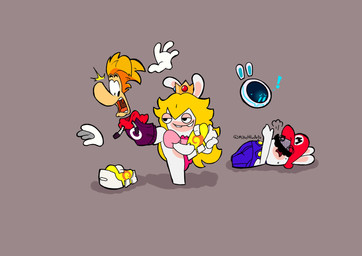 4_fingers anthro big_nose bite biting_lip biting_own_lip black_eyebrows black_eyes black_facial_hair black_mustache blonde_hair blue_clothing blue_eyes blue_inner_ear blue_overalls bottomless bottomless_anthro bottomless_female button_(fastener) clothed clothed_anthro clothed_female clothed_humanoid clothed_male clothing conjoined_eyes crown exclamation_point eyebrows facial_hair featureless_crotch featureless_legs feet female female_anthro fingers floating_ears floating_hands floating_head floating_torso foot_grab foot_on_butt footwear frown fur gem grey_background group hair half-closed_eyes hat headgear headwear hoodie larger_humanoid larger_male long_hair machine male male_anthro mitten_hands mustache narrowed_eyes noseless open_frown open_mouth overalls panicking pink_clothing pink_shirt pink_topwear pockets purple_clothing purple_hoodie purple_topwear red_clothing red_hat red_headwear red_tongue ruby_(gem) sapphire_(gem) screen screen_face self_bite shirt shirtless_anthro shirtless_male shoes simple_background size_difference smaller_anthro smaller_female smaller_male straight_arm stunned tan_eyelids tan_inner_ear text tongue topwear white_body white_fur yellow_clothing yellow_footwear yellow_shoes vampkettleartz mario_bros mario_plus_rabbids_kingdom_battle mario_plus_rabbids_sparks_of_hope nintendo raving_rabbids rayman_(series) ubisoft beep-0 rabbid_mario rabbid_peach rayman humanoid lagomorph mammal rabbid raypeople_(rayman) robot 2023 absurd_res artist_name colored crossover digital_drawing_(artwork) digital_media_(artwork) english_description hi_res redraw shaded simple_shading