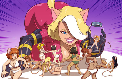 alternate_species anthro bent_over blonde_hair blue_eyes bodysuit bra bra_and_panties breasts brown_hair clothing evil_grin female green_bra green_clothing green_panties green_underwear group hair lying macro micro mouse_ears mouse_tail on_back one_eye_obstructed panties pink_bodysuit pink_clothing pink_skinsuit scared size_difference skinsuit smile species_transformation tight_clothing transformation trapped_in_jar underwear white_bra white_clothing white_panties white_underwear axel-rosered captain_planet_and_the_planeteers chip_'n_dale_rescue_rangers disney gargoyles hanna-barbera swat_kats teenage_mutant_ninja_turtles teenage_mutant_ninja_turtles_(1987) abby_sinian ann_gora april_o'neil callie_briggs dr._blight_(captain_planet) elisa_maza_(gargoyles) felina_feral gadget_hackwrench gi_(captain_planet) linka_(captain_planet) felid feline mammal mouse murid murine rodent hi_res