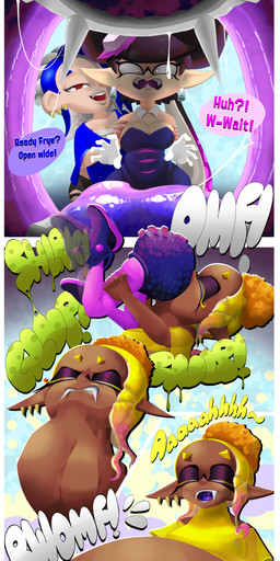 belly big_belly blonde_hair brown_body brown_skin female female_pred female_prey group hair huge_belly oral_vore overweight simple_background text toony trio vore malachi21148 nintendo splatoon callie_(splatoon) frye_(splatoon) shiver_(splatoon) aquatic cephalopod inkling mollusk 2026 absurd_res detailed english_text hi_res shaded soft_shading