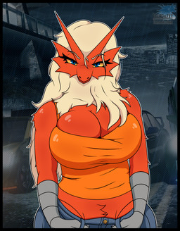 anthro beak big_breasts blonde_hair blue_eyes breasts cleavage clothed clothing feathers female hair long_hair looking_at_viewer red_body simple_background solo thick_thighs wide_hips yellow_sclera blazkenzxy nintendo pokemon avian blaziken generation_3_pokemon pokemon_(species) 2025 absurd_res digital_drawing_(artwork) digital_media_(artwork) hi_res signature