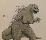 anthro breasts female genitals growling nipples non-mammal_breasts non-mammal_nipples nude open_mouth pussy sharp_teeth solo tail teeth benzoit godzilla_(series) toho godzilla kaiju scalie hi_res signature traditional_media_(artwork)