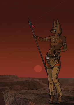 anthro bodypaint bottomwear clothing desert facial_paint jewelry loincloth male melee_weapon outside piercing polearm solo spear sunset tribal weapon aleone zyle canid canine canis jackal mammal
