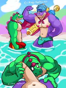 beach blue_cap bottomwear bulge cape circumcised clothing dominant duo erection flaccid genitals green_body green_clothing green_underwear gun holding_penis long_penis looking_at_another male male/male muscular pecs penis purple_body ranged_weapon red_bottomwear red_clothing sand sea shy sky standing submissive teasing touching_penis underwear water weapon king_dogchaos927 brawl_stars supercell_(company) buzz_(brawl_stars) pierce_(brawl_stars) dinosaur prehistoric_species reptile scalie 3:4 hi_res signature