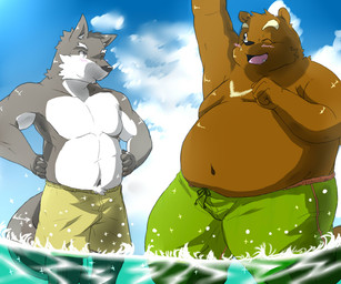 anthro belly brown_body brown_fur clothing duo fur grey_body grey_fur humanoid_hands kemono male navel one_eye_closed overweight overweight_male swimwear water white_body white_fur wink sugekuma bear canid canine canis domestic_dog mammal 2015 6:5