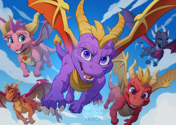 4_fingers black_body female feral fingers flying group horn jewelry looking_at_viewer male membrane_(anatomy) necklace pink_body purple_body red_body sky smile teeth wings conditional_dnp xnirox activision mythology spyro_the_dragon cynder ember_(spyro) flame_(spyro) ignitus spyro dragon mythological_creature mythological_scalie scalie