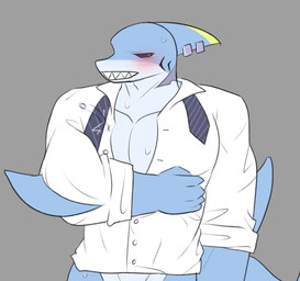 anthro black_sclera blush bottomless clothed clothing fin fin_piercing furgonomic_piercing furgonomics head_fin male piercing shirt solo topwear white_clothing white_shirt white_topwear yellow_eyes blueberry_milk_(artist) aquatic fish shark hi_res