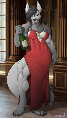 4_toes 5_fingers abs anthro armor athletic athletic_anthro athletic_female barefoot black_hair black_nose blue_eyes bottle breasts clothed clothed_anthro clothed_female clothing container dress feet female fingers fur grey_body grey_fur hair hindpaw humanoid_hands looking_at_viewer muscular muscular_anthro muscular_female muscular_legs muscular_thighs paws pecs pecs_with_breasts smile solo toes wine_bottle saruuk kyla canid canine canis mammal wolf hi_res