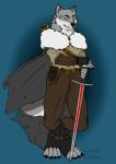 anthro biped black_nose clothed clothing fully_clothed fur hair holding_melee_weapon holding_object holding_sword holding_weapon knight male melee_weapon paws simple_background solo standing sword warrior weapon bluwolfie42 canid canine canis mammal wolf zephyr_(disambiguation) 2017 digital_media_(artwork)