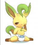 ambiguous_gender blush brown_eyes brown_paws clean_diaper clothed clothing diaper diaper_only feral fur kneeling looking_down one_eye_closed plant simple_background solo tan_body tan_fur topless wearing_diaper mei_(artist) nintendo pokemon eeveelution generation_4_pokemon leafeon pokemon_(species) 2015