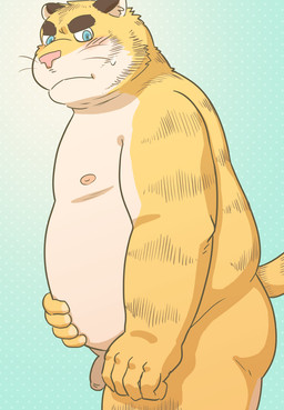 anthro belly blue_eyes blush butt fur genitals humanoid_hands kemono male moobs nipples overweight overweight_anthro overweight_male penis solo yellow_body yellow_fur kick_(artist) felid mammal pantherine tiger 2015