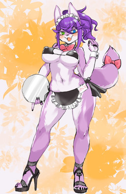 accessory anthro blush bow_(feature) bow_accessory bow_ribbon breasts clothing female footwear fur furgonomics hair heterochromia high_heels kemono nipple_outline purple_body purple_fur ribbons shirt_collar shirt_cuffs shoes solo tail tail_accessory tail_bow tail_ribbon wide_hips 7fukuinu canid canine mammal hi_res