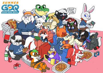 beverage electronics eyewear food fur furniture game_console glasses group_photo lying missing_ear on_back orange_body orange_fur pizza pizza_party red_eyes soda sofa crushpepper nintendo nintendo_3ds nintendo_ds nintendo_ds_family nintendo_dsi nintendo_switch oxynard pepper_(crushpepper) alligator alligatorid bear canid canine cricetid crocodile crocodilian felid feline gecko hamster lagomorph leporid lizard mammal mephitid polar_bear rabbit raccoon_dog reptile rodent scalie skunk tanuki ursine absurd_res hi_res tagme