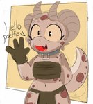 anthro bottomwear chest_wraps clothing collar female happy horn loincloth looking_at_viewer navel non-mammal_navel smile solo thick_thighs wide_hips wraps demmy piko_(simplifypm) kobold scalie absurd_res hi_res