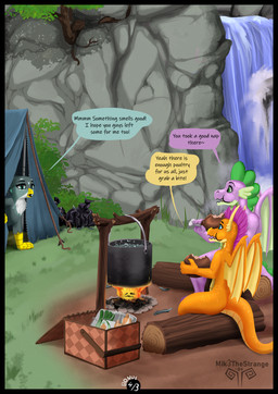 all_fours anthro bag basket beak belly bird_legs black_border blue_eyes boiling_water bonus_page border burning camp campfire camping camping_tent chicken_meat container cooked_food cooking cooking_ingredient cooking_pot detailed_background dialogue dirt dragon_tail dragon_wings eating_meat eye_contact facial_horn feathers female female/female feral fire flowing_water fluffy fluffy_chest food grass green_belly green_chest green_eyes grey_body horn ingredient leek leg_meat lighter_belly log looking_at_another male male/female meat membrane_(anatomy) membranous_wings nose_horn onion open_box open_zipper opening_tent orange_body page_number picnic picnic_basket plant poultry purple_body river rock rock_wall rope scales shrub sitting sitting_on_log sleeping_bag snout speech_bubble spread_wings teal_eyes text trash trash_bag tree vegetable water waterfall wings wood wood_burning yellow_belly yellow_chest zipper mik3thestrange friendship_is_magic hasbro my_little_pony mythology gabby_(mlp) smolder_(mlp) spike_(mlp) avian bird chicken dragon galliform gallus_(genus) gryphon mythological_avian mythological_creature mythological_scalie phasianid scalie 2024 comic detailed end_page english_text hi_res signature
