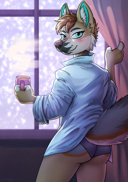 anthro beverage blush brown_body butt clothing container cup female fingers fur hair holding_container holding_cup holding_mug holding_object looking_at_viewer looking_back mug panties shirt smile snowing_outside solo standing tail topwear underwear kastoluza canid canine canis coyote mammal digital_media_(artwork) hi_res