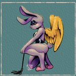 anthro clothing eyelashes eyeliner female kneeling lingerie makeup riding_crop solo weapon whip wings moonpill angel_hare the_east_patch angel_gabby lagomorph leporid mammal rabbit