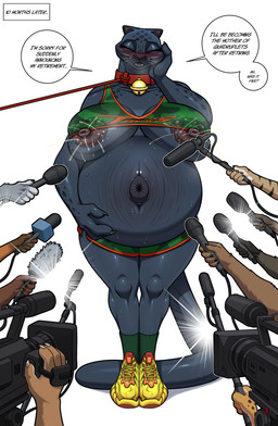 anthro areola bell bell_collar belly big_belly big_breasts biped black_areola black_nipples blush bodily_fluids bottomwear breasts clothed clothing collar dialogue electronics eyes_closed female front_view green_clothing lactating leash leashed_collar microphone navel nipples open_mouth outie_navel pregnant pregnant_anthro pregnant_female public simple_background smile solo_focus speech_bubble tail text topwear whiskers white_background lollipopcon goat_(movie) sony_corporation sony_pictures jett_fillmore felid mammal pantherine absurd_res english_text hi_res