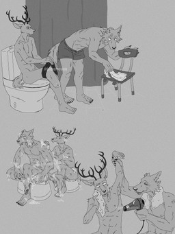 anthro antlers arm_grab balls bathing claws clothing dryer duo feet fur genitals grabbing hair_dryer horn male male/male missing_leg penis shower showering showering_together sitting smile smiling_at_another smiling_at_partner soap suds towel undressing washing_another wet wet_body wet_fur spicedpopsicle beastars legoshi_(beastars) louis_(beastars) canid canine canis deer mammal wolf 3:4 hi_res monochrome