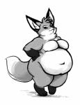 anthro belly big_belly breasts female nude obese obese_anthro obese_female overweight overweight_anthro overweight_female solo standing featherhead canid canine fox mammal hi_res monochrome