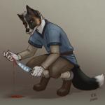 1:1 anthro blood bodily_fluids canid canine claws clothed clothing crouching digital_media_(artwork) fox full-length_portrait fur_trim_(clothing) hi_res knife male mammal melee_weapon mosa portrait ritual self-harm solo weapon wounded