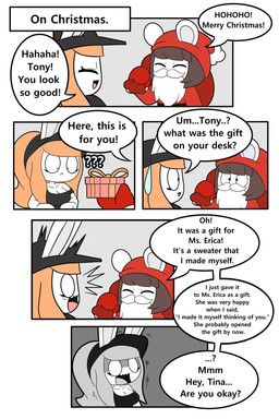 anthro beard black_clothing black_hat black_headwear black_shirt black_topwear bodily_fluids breasts brown_hair christmas_clothing christmas_headwear christmas_present cleavage clothed clothing costume dialogue duo eyelashes facial_hair female gift hair hat headgear headwear holiday_message holidays male orange_hair ponytail red_clothing santa_costume santa_hat shaking shirt shocked speech_bubble sweat text topwear trembling white_beard white_facial_hair tonytoran christmas tina_(tonytoran) tony_(tonytoran) chinchilla chinchillid lagomorph leporid mammal rabbit rodent 2:3 comic english_text hi_res