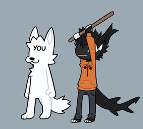 ._. 3_toes 4_fingers :3 anthro barefoot bat_(object) black_body black_bottomwear black_clothing black_face black_fur black_hair black_nose black_outline black_pants black_tail black_text_outline blank_expression blue_eyes blue_pawpads bottomwear chest_tuft clothed clothed/nude clothed_anthro clothed_male clothing cybernetic_face cybernetics duo featureless_crotch featureless_face featureless_feet featureless_limbs feet fin fingers fist fur grey_background grey_outline hair hitting hitting_another hitting_head holding_melee_weapon holding_object holding_weapon hoodie jumping machine male melee_weapon movement multicolored_body multicolored_fur nude nude_anthro orange_clothing orange_hoodie orange_topwear outline pants pawpads paws pockets protogen_face protogen_visor red_text screen screen_face self_insert shark_fin shark_tail simple_background simple_coloring smile soles sound_effects standing stick tail text text_emphasis toes topwear tuft violence visor weapon white_body white_ears white_fingers white_fur white_inner_ear white_tail white_toes wood wood_object sh-4rk go_to_horny_jail moose_(sh-4rk) aquatic canid canine canis fish hybrid mammal protogen shark wolf 2020 2_frame_animation animated colored hi_res loop meme reaction_image
