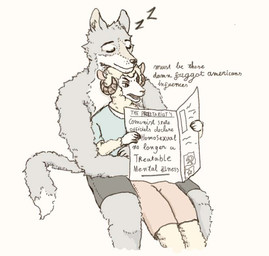 angry anthro bottomwear clothed clothed_anthro clothed_male clothing dialogue duo ears_up eyebrows eyes_closed fluffy fully_clothed fully_clothed_anthro fully_clothed_male fur grey_body grey_fur homophobia homophobic_slur hug male male/male male_anthro newspaper open_mouth pants shirt sleeping sound_effects text topless topless_anthro topless_male topwear vowelless vowelless_sound_effect white_body white_fur wool_(fur) zzz reynard_goodfellow reynard_the_baa bovid canid canine canis caprine mammal sheep wolf english_text