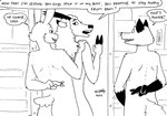 anthro breasts butt crossed_fingers dialogue female fur group hair horn looking_back male text tegerio cassandra_(tegerio) antelope bovid canid canine fox lagomorph leporid mammal rabbit english_text monochrome