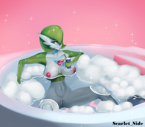 areola bath bathtub breasts female genitals grey_body nipples nude pink_areola pink_nipples red_eyes simple_background solo vulva scarlet_side nintendo pokemon gardevoir generation_3_pokemon humanoid mammal pokemon_(species) digital_media_(artwork) hi_res
