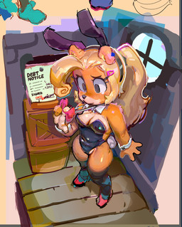 anthro biped bow_tie breasts bunny_costume cleavage clothed clothing costume female inside navel_outline rabbit_ears solo standing text flo activision crash_bandicoot_(series) coco_bandicoot bandicoot mammal marsupial 2025 absurd_res digital_media_(artwork) digital_painting_(artwork) english_text hi_res painting_(artwork)