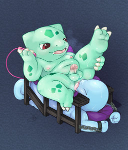 anal anal_penetration anthro anthrofied anus arms_tied balls barefoot blush bodily_fluids bound breath cute_fangs dominant dominant_male duo erection eyes_closed fangs feet foreskin fuck_bench genital_fluids genitals leg_grab lying male male/male male_penetrated male_penetrating male_penetrating_male moobs nipples nude on_back one_leg_up oral overweight panting pattern_background penetration penis plant pokemorph precum questionable_consent raised_leg rape_rack reclining retracted_foreskin rimming sex sex_toy shell-less simple_background submissive submissive_male sweat teeth tongue tongue_out toying_partner vibrator slimefur nintendo pokemon bulbasaur elemental_creature flora_fauna generation_1_pokemon pokemon_(species) reptile scalie squirtle hi_res signature