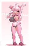 anthro areola big_breasts breasts clothing eyes_closed fangs female fur hair navel open_mouth pink_body pink_fur pink_hair solo standing teeth text wide_hips yawn borvar bear mammal slip_(disambiguation) 2023 character_request digital_media_(artwork) hi_res signature