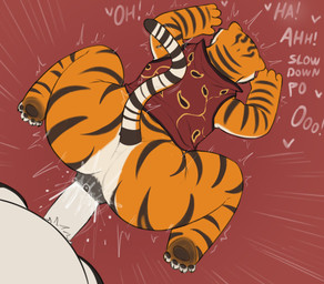 4_fingers 4_toes all_fours anal anal_penetration anal_stretching anal_tugging anthro anthro_on_anthro anthro_penetrated anthro_penetrating anthro_penetrating_anthro big_butt big_penis black_claws black_pawpads black_stripes bodily_fluids bottomless butt claws clothed clothing dialogue doggystyle duo erection faceless_anthro faceless_character faceless_male feet female female_penetrated fingers from_behind_position fur genital_fluids genitals heart_symbol huge_butt male male/female male_penetrating male_penetrating_female markings moan orange_body orange_fur orifice_tugging pawpads penetration penile penile_penetration penis penis_in_ass precum red_background red_clothing red_topwear red_vest sex simple_background striped_body striped_fur striped_markings striped_tail stripes tail tail_markings text thick_penis thick_thighs toe_claws toes topwear vest white_body white_fur white_penis hewa dreamworks kung_fu_panda master_po_ping master_tigress bear felid giant_panda mammal pantherine tiger 2026 english_text hi_res