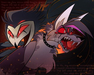 beak collar collar_tag duo fangs feathers feral fur inner_ear_fluff male multi_eye open_mouth red_eyes teeth text tongue tuft atimon hellaverse helluva_boss mythology fen_(atimon) stolas_(helluva_boss) avian bird canid canid_demon canine demon hellhound mammal mythological_canine mythological_creature owl_demon 2026 signature