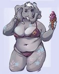 anthro bikini breasts clothing dessert ear_piercing ear_ring female food grey_body hair holding_food holding_ice_cream holding_object ice_cream navel nipple_outline piercing ring_piercing simple_background slightly_chubby solo swimwear trunk tusks two-piece_swimsuit white_hair niochem elephant elephantid mammal proboscidean 2024 hi_res