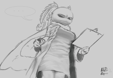 antennae_(anatomy) anthro clipboard clothing coat dual_holding ellipsis female frown holding_clipboard holding_object holding_writing_utensil lab_coat low-angle_view scientist shortstack speech_bubble topwear wings writing_utensil napalm_express arthropod insect lepidopteran moth greyscale monochrome