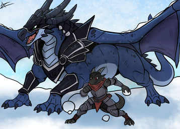 action_pose adventurer ambiguous_gender anthro armor duo feral headgear helmet outside pose scarf snow snowball snowing tail tapering_tail azurian mythology dragon kobold mythological_creature mythological_scalie scalie absurd_res hi_res