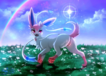 anus bodily_fluids bubble cloud fangs female feral flower fur fur_markings genital_fluids genitals grass leg_markings markings open_mouth pawpads paws pink_body pink_eyes pink_fur plant rainbow ribbons sky socks_(marking) solo sun tail teeth vaginal_fluids vulva white_body white_fur astralia nintendo pokemon eeveelution generation_6_pokemon pokemon_(species) sylveon hi_res watermark