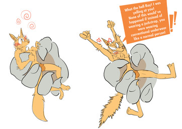 angry annoyed aroused blush blush_lines bulge carrying_another clothed clothing complaining dialogue duo fur larger_male macro male micro orange_body orange_fur partially_clothed partially_clothed_anthro partially_clothed_male size_difference smaller_male speech_box text underwear yelling dudenahuel nahuel_(dudenahuel) samuel_(dudenahuel) canid canine canis iberian_wolf mammal maned_wolf wolf 2023 absurd_res colored_sketch english_text hi_res sketch