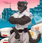 anthro balls big_muscles bottomwear city city_background cityscape clothing crossed_arms erection exposed eyewear genitals humanoid_genitalia humanoid_penis looking_at_viewer male motor_vehicle motorcycle muscular pants penis penis_poking_out penis_through_fly police police_motorcycle police_vehicle solo sunglasses tight_bottomwear tight_clothing tight_pants uniform vehicle vein veiny_penis wolfybuns felid feline mammal hi_res