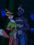 abs anthro athletic balls biceps blush bottomless bottomwear bulge canid canine canis clothed clothing dipstick_tail disney domafox duo erection feathers flaccid foreskin fox genitals hat headgear headwear humanoid_genitalia humanoid_penis male male/male mammal marcuswolf99 markings night outside pants partially_clothed partially_retracted_foreskin pecs penis red_fox robin_hood robin_hood_(disney) shirt tail tail_markings tenting topless topwear true_fox tunic underwear wolf
