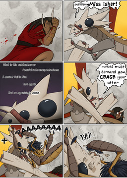 anthro arthropod_abdomen attack blood bodily_fluids broken_horn cowering dialogue female feral group horn house_ivenmoth_uniform male multi_eye text trio unsigned violence wounded koofins valsalia out-of-placers isher kalgkur yannit arthropod baxxid humanoid indrel comic english_description english_text hi_res