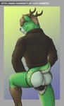 anthro antlers anus bulge butt clothing horn jacket jockstrap leather leather_clothing leather_jacket leather_topwear looking_at_viewer male presenting presenting_hindquarters solo topwear underwear nihonthedragon nihontd deer mammal hi_res