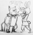 2016 anthro canid canine chair clothed clothing comic dialogue disney duo english_text female fox fur furniture hi_res lagomorph leporid male mammal monochrome nick_wilde nicolaswildes_(artist) rabbit red_fox simple_background smile text true_fox white_background zootopia