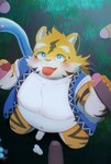 anthro belly blue_eyes blush foreskin fur genitals group happi_(clothing) male male/male navel orange_body orange_fur overweight penis striped_body striped_fur stripes surrounded_by_penis young inugamihito felid mammal pantherine tiger absurd_res hi_res